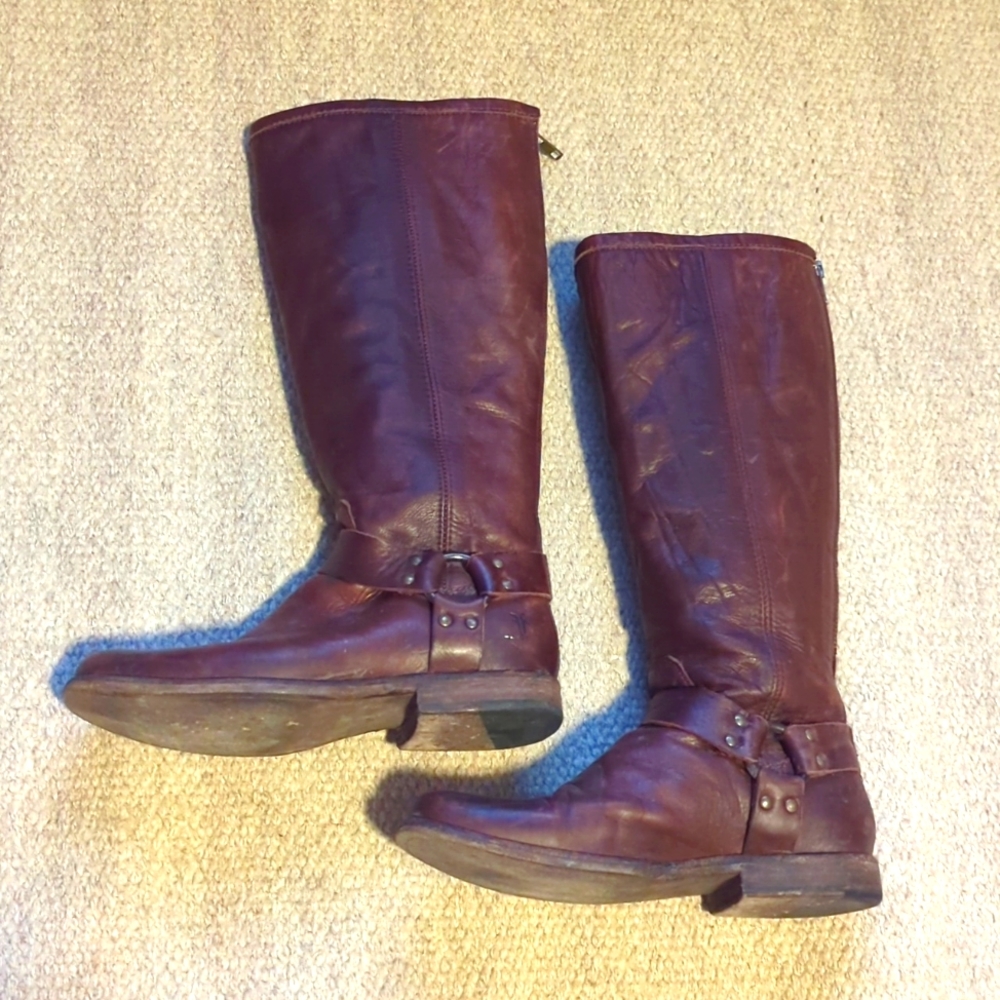 Frye Brown Leather Phillip Harness Extended Calf Tall Back Zip Boots sz 7.5